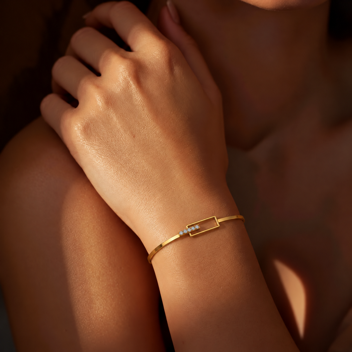 Offset Rectangle Diamond Gold Bangle - worn view 1
