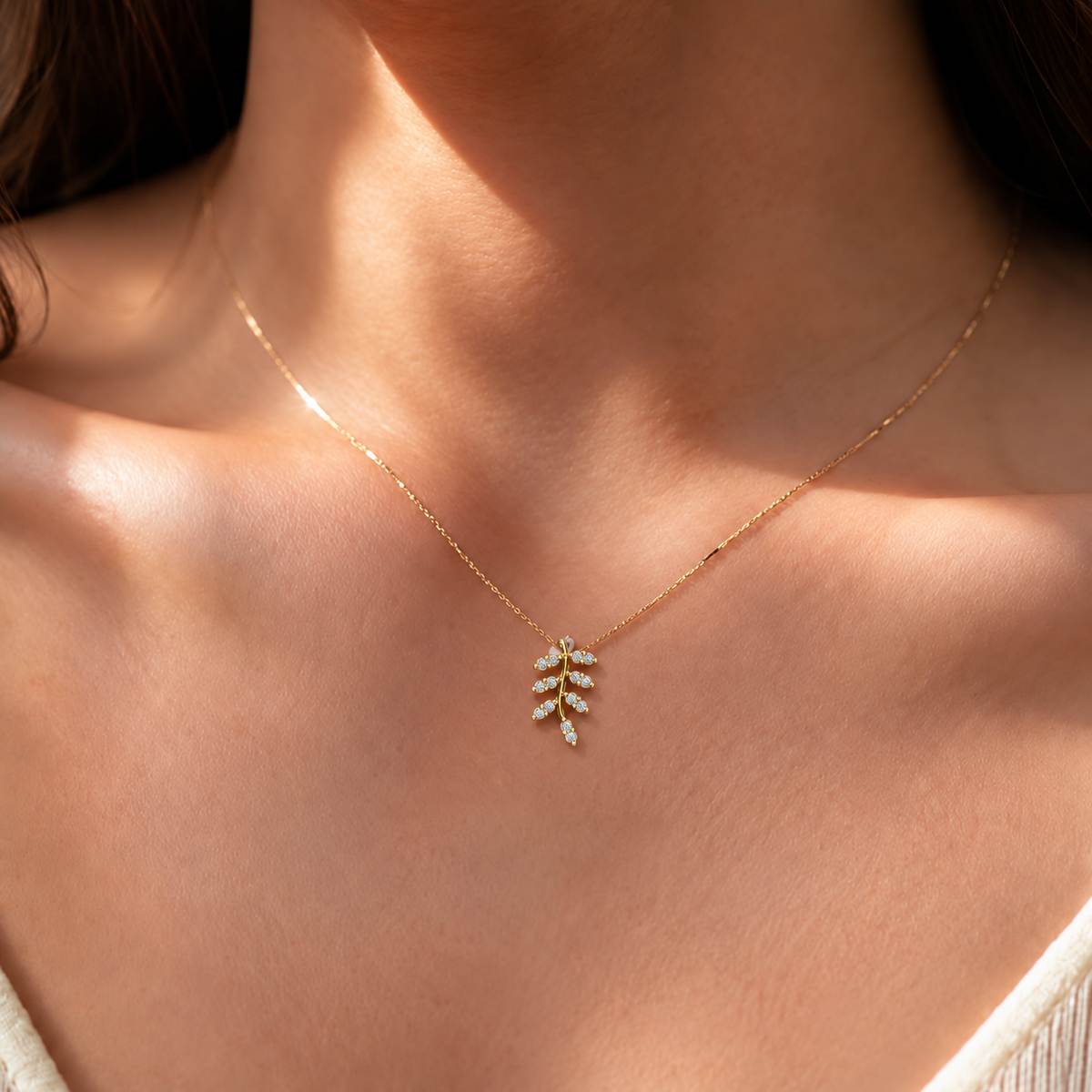 Diamond Leaf Branch Pendant - worn view 1