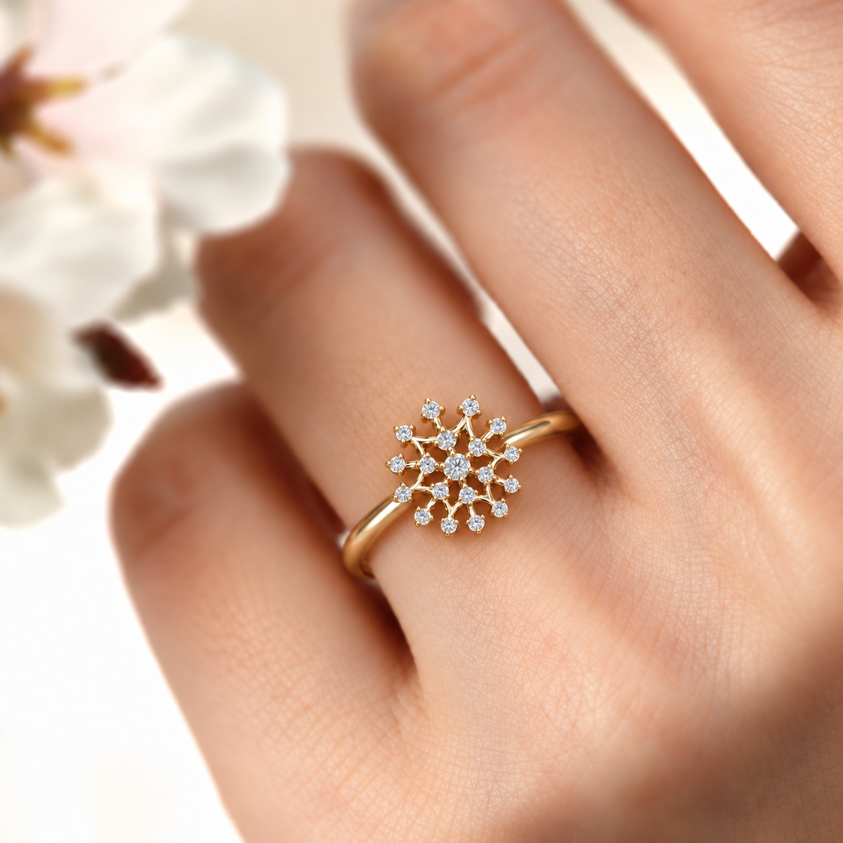 Snowflake Diamond Gold Ring - worn view 1