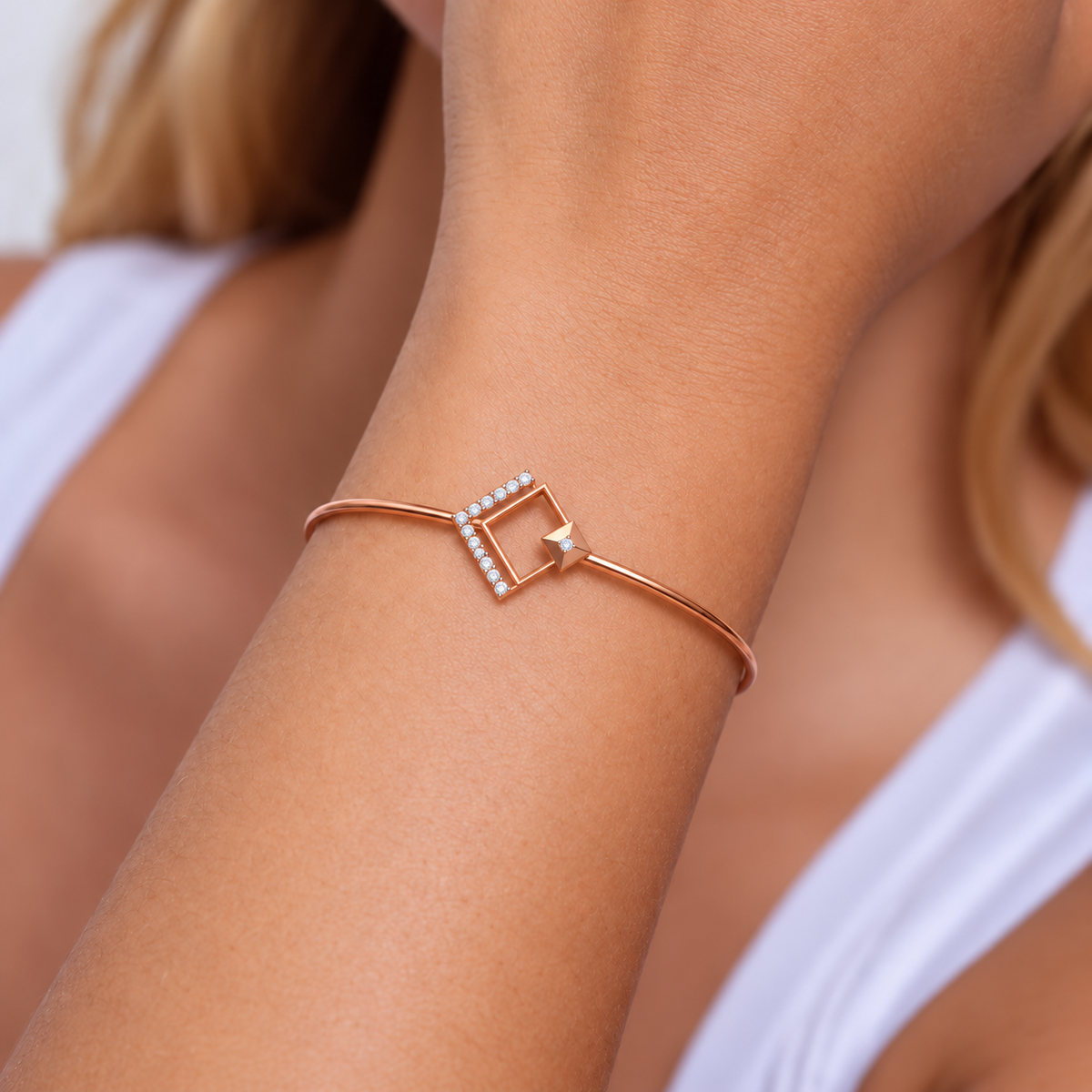 Rose Gold Square Orbit Diamond Bangle - worn view 1