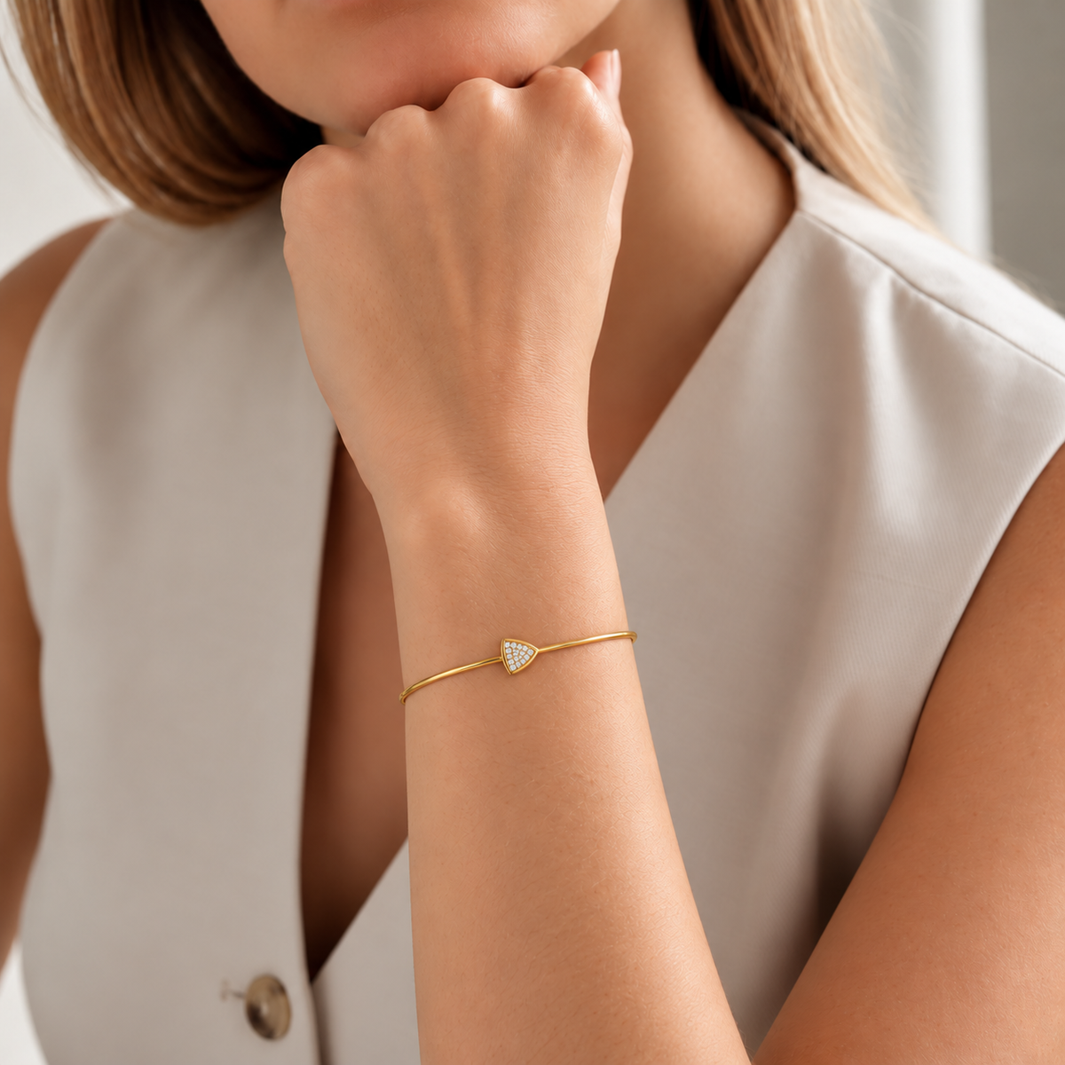 Trillion Cluster Diamond Gold Bangle - worn view 1