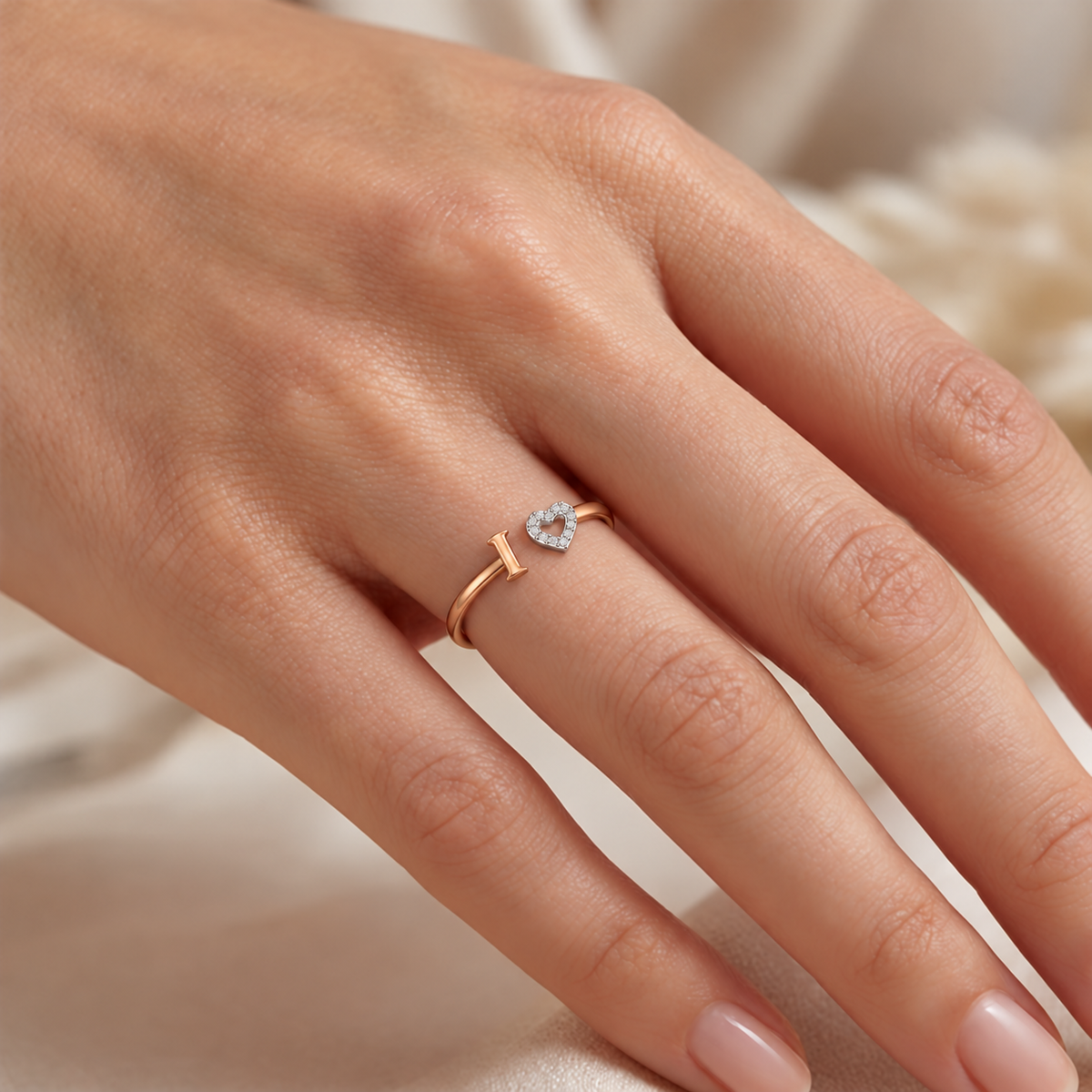 I Love Heart Diamond Rose Gold Ring - worn view 1