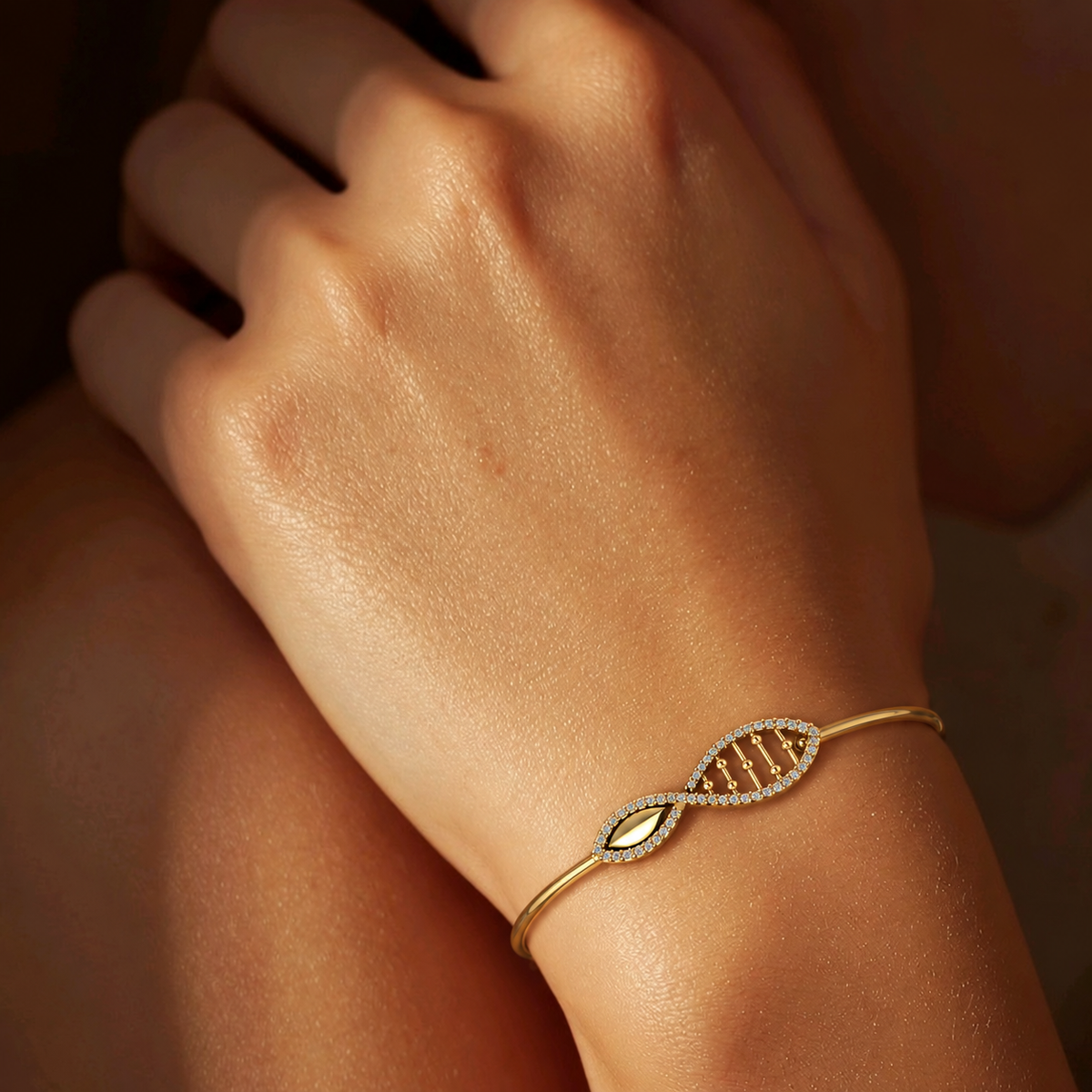 Marquise Lattice Diamond Gold Bangle - worn view 1