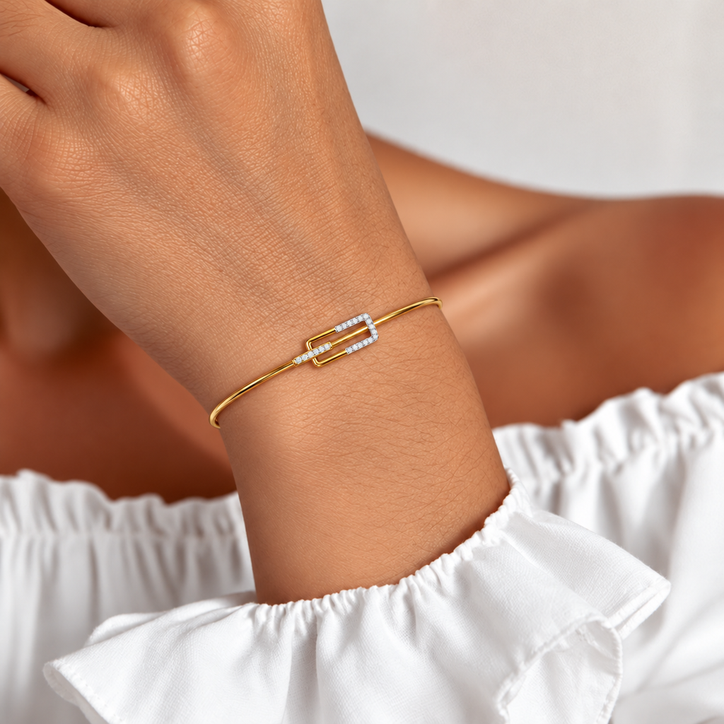 Geometric Buckle Diamond Gold Bangle - worn view 1