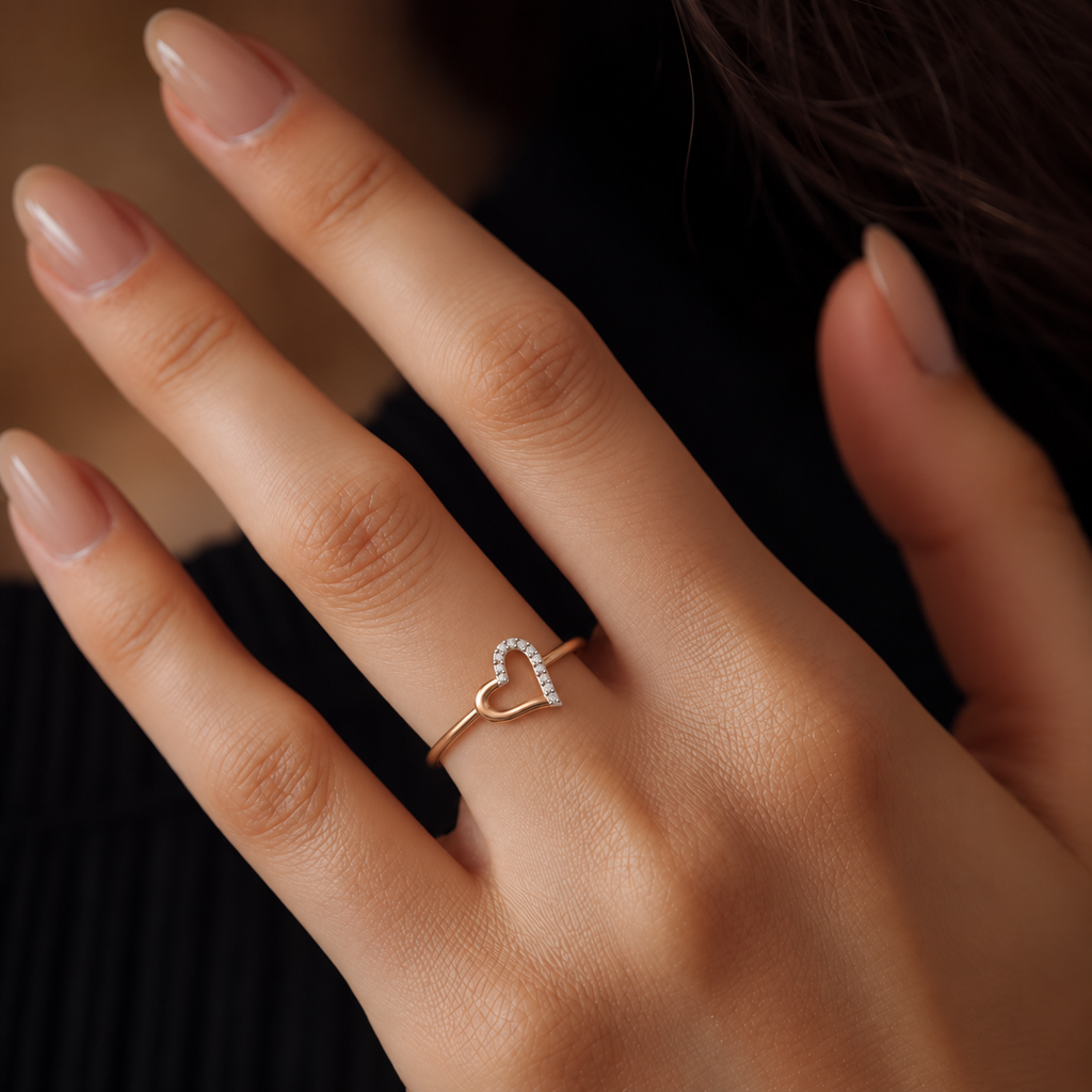 Rose Gold Open Heart Diamond Ring - worn view 1