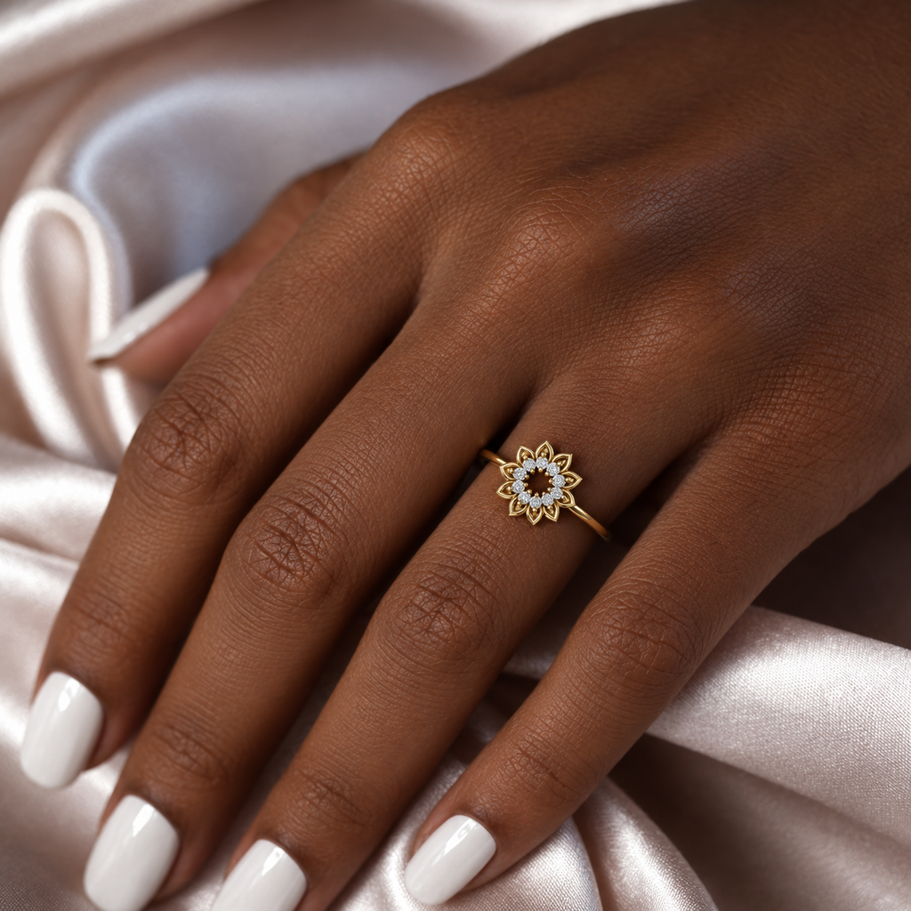Open Sunflower Diamond Ring - worn view 1