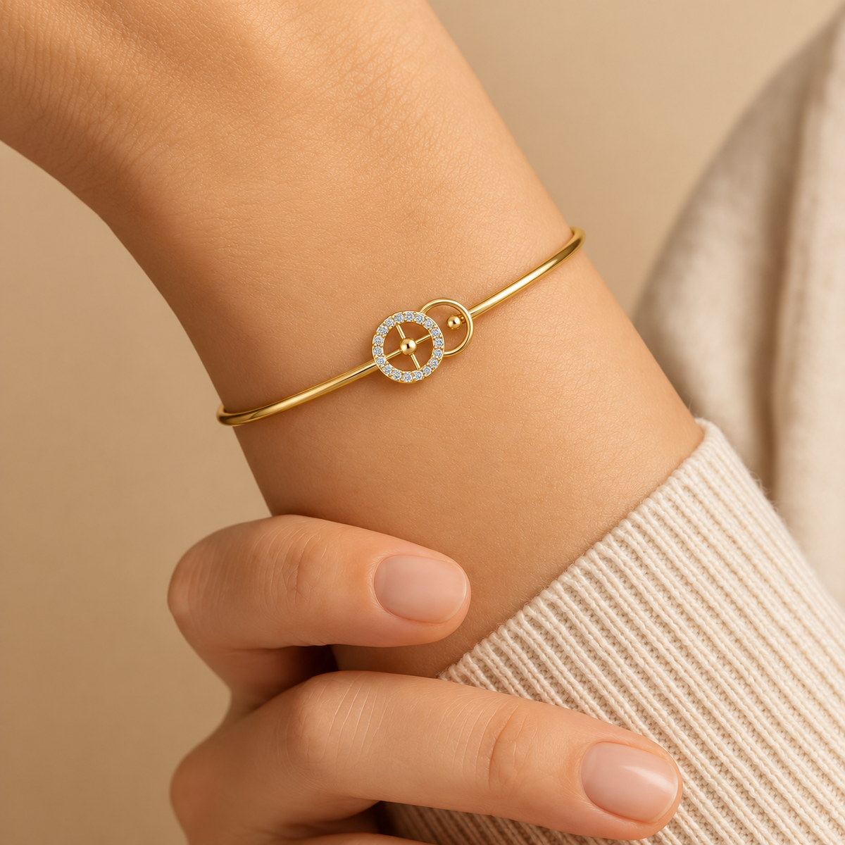 Celestial Orbit Diamond Gold Bangle - worn view 2