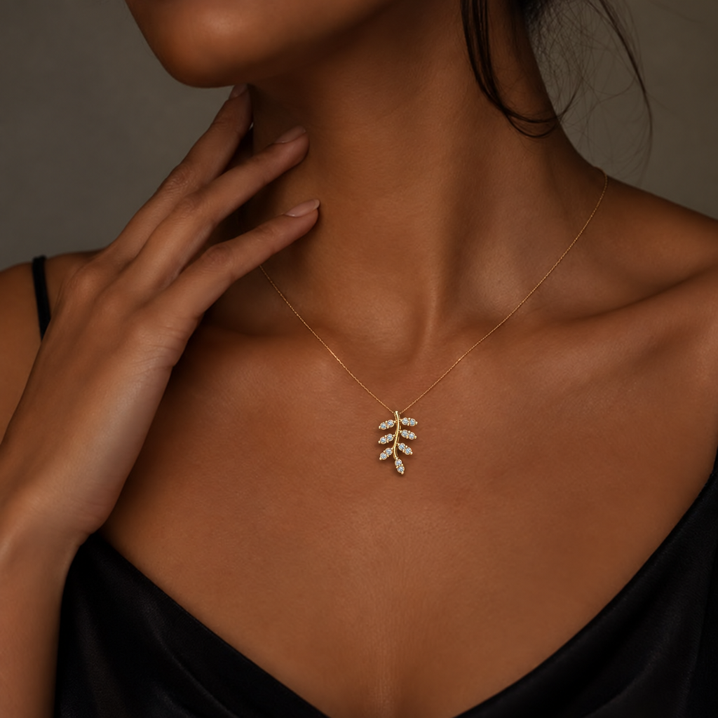 Diamond Leaf Branch Pendant - worn view 2