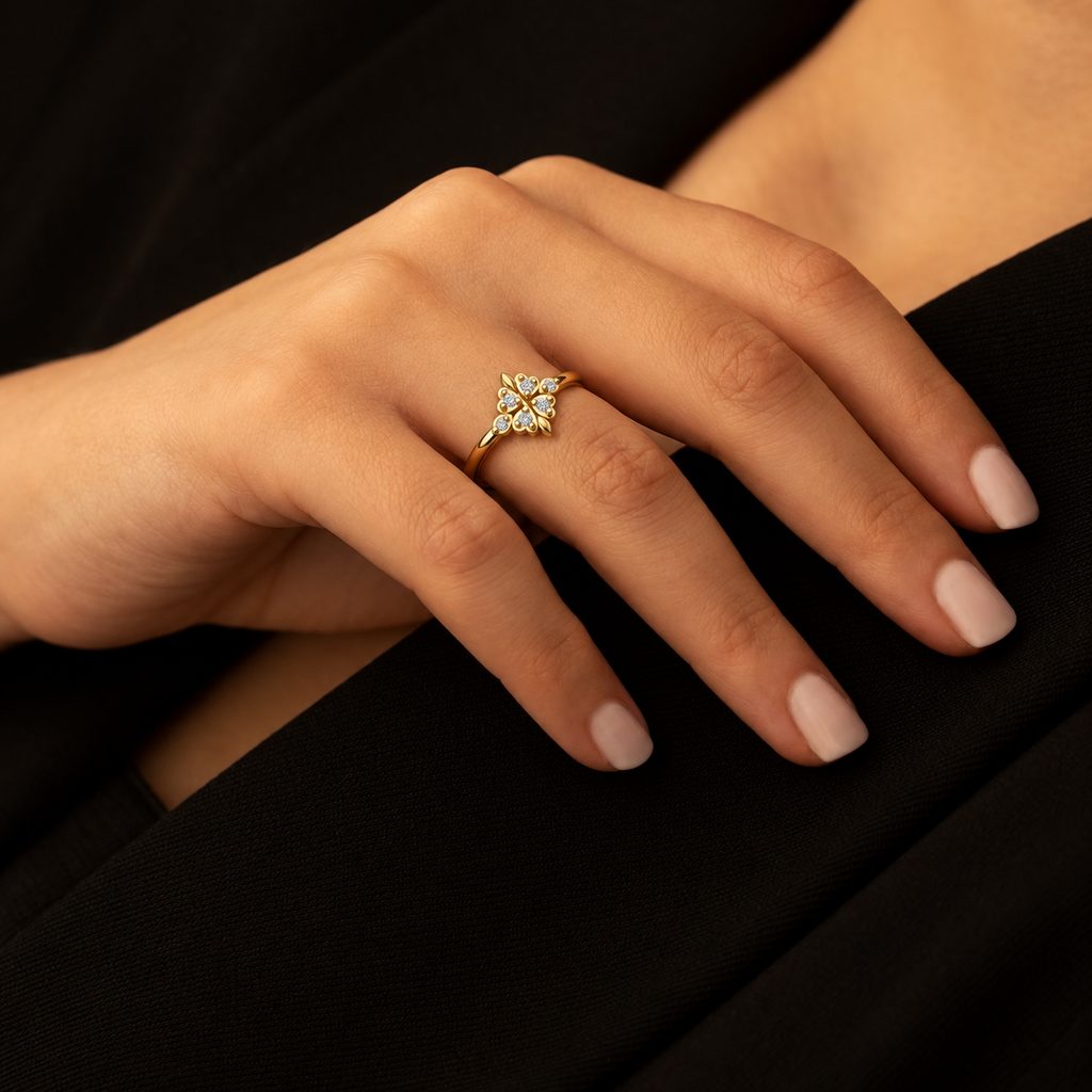 Petite Fleur-de-Lis Diamond Ring - worn view 2