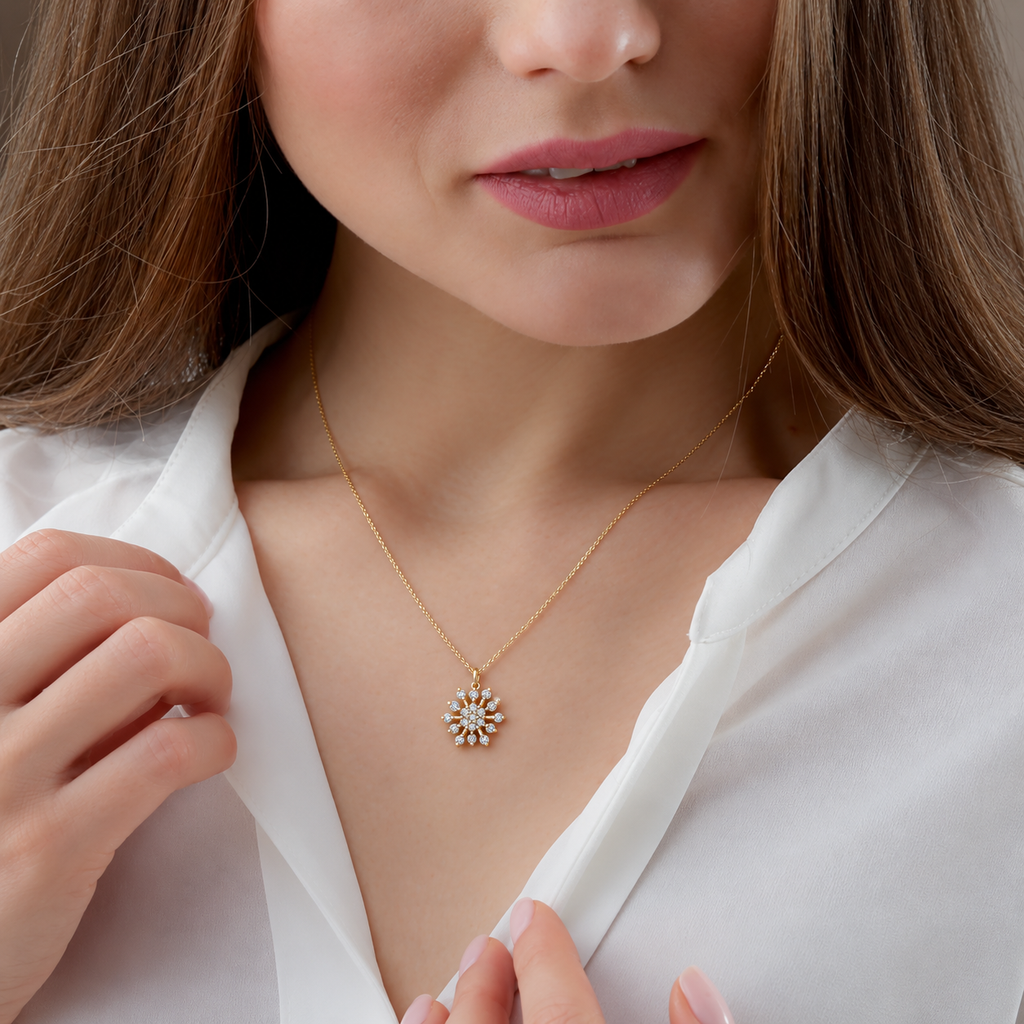 Floral Ray Diamond Burst Pendant - worn view 2