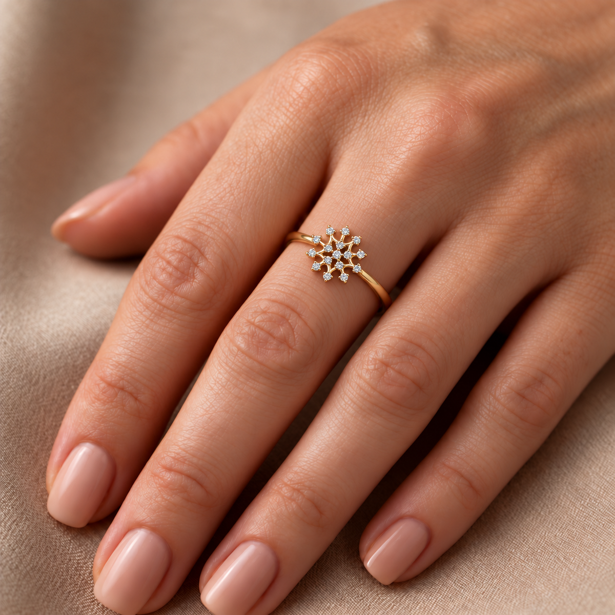 Snowflake Diamond Gold Ring - worn view 2