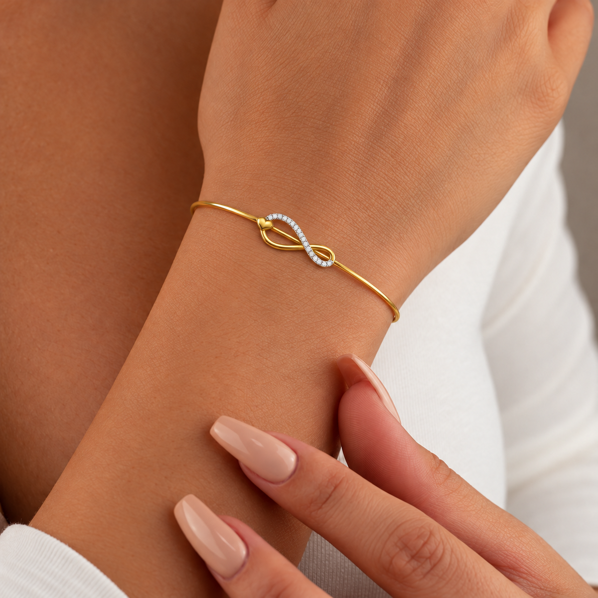 Infinity Knot Diamond Gold Bangle - worn view 2