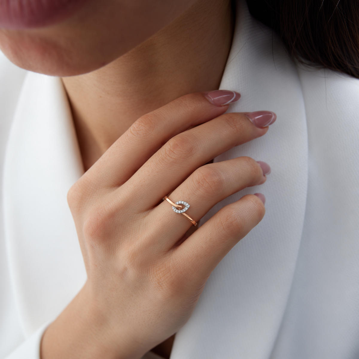 Interlocking Leaf Diamond Rose Gold Ring - worn view 2