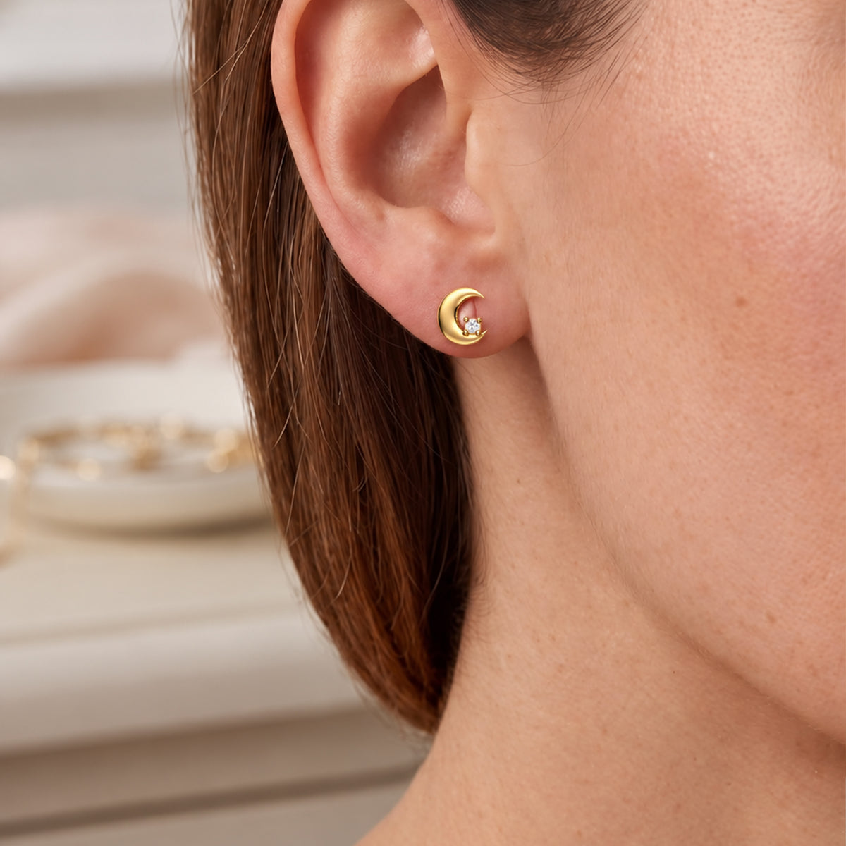 Crescent Moon Diamond Stud Earrings