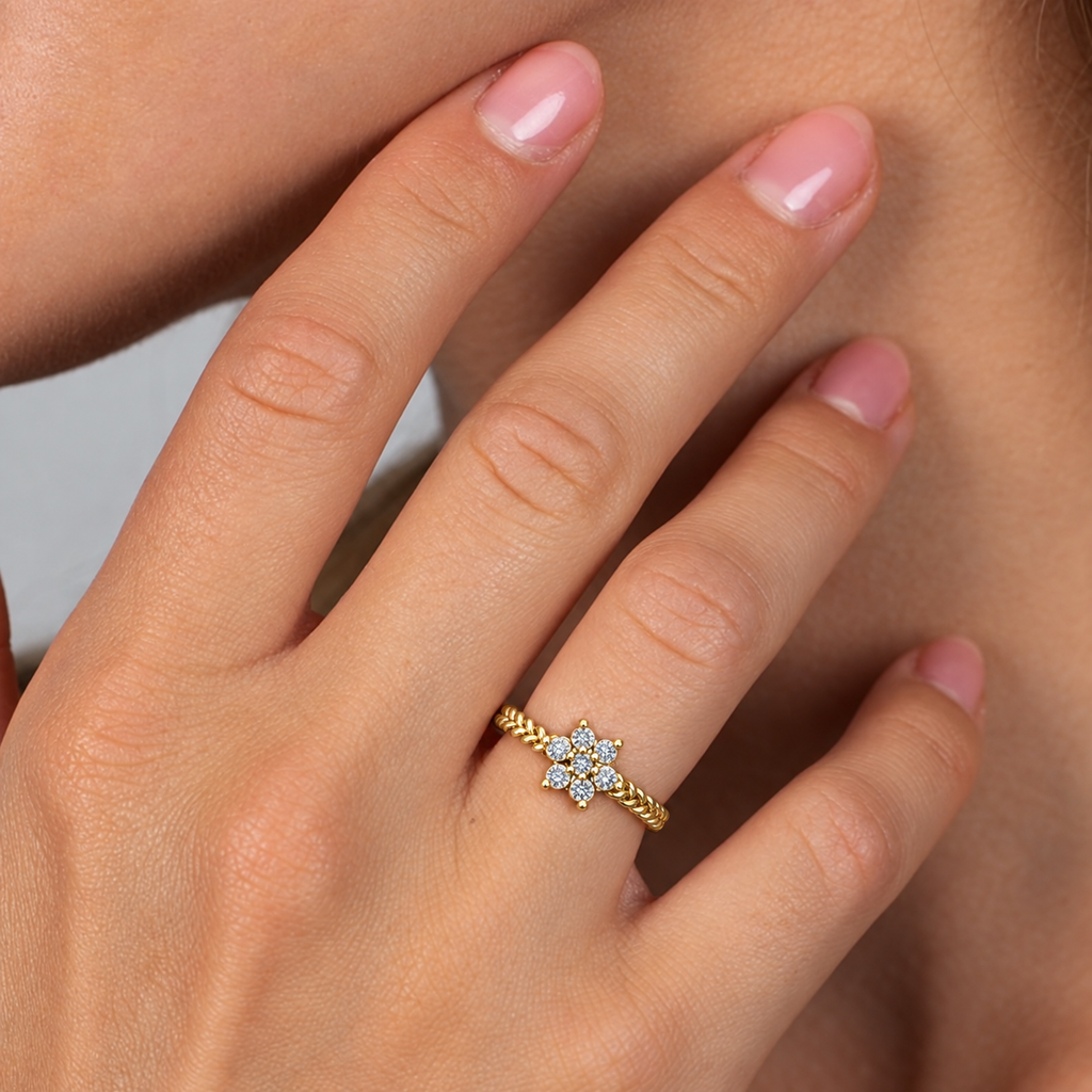 Braided Floral Diamond Ring - worn view 2
