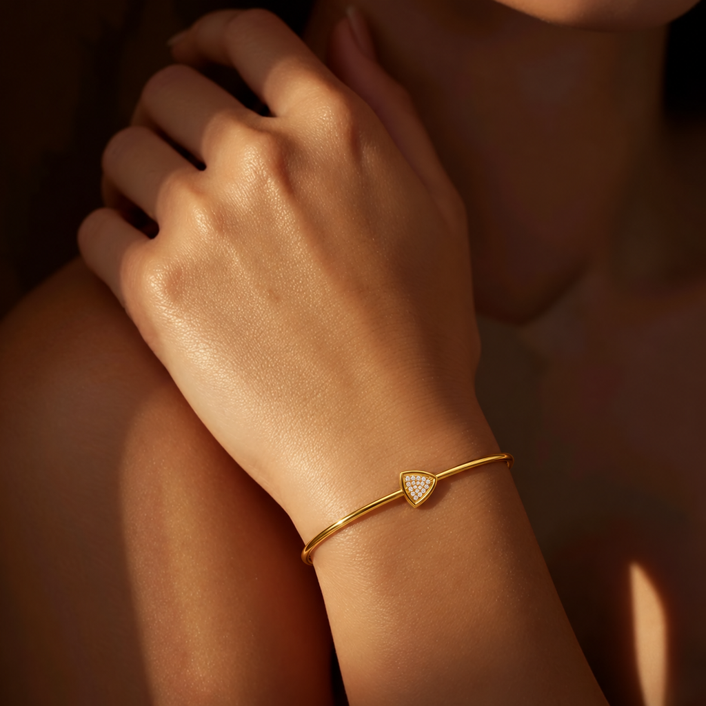 Trillion Cluster Diamond Gold Bangle - worn view 2