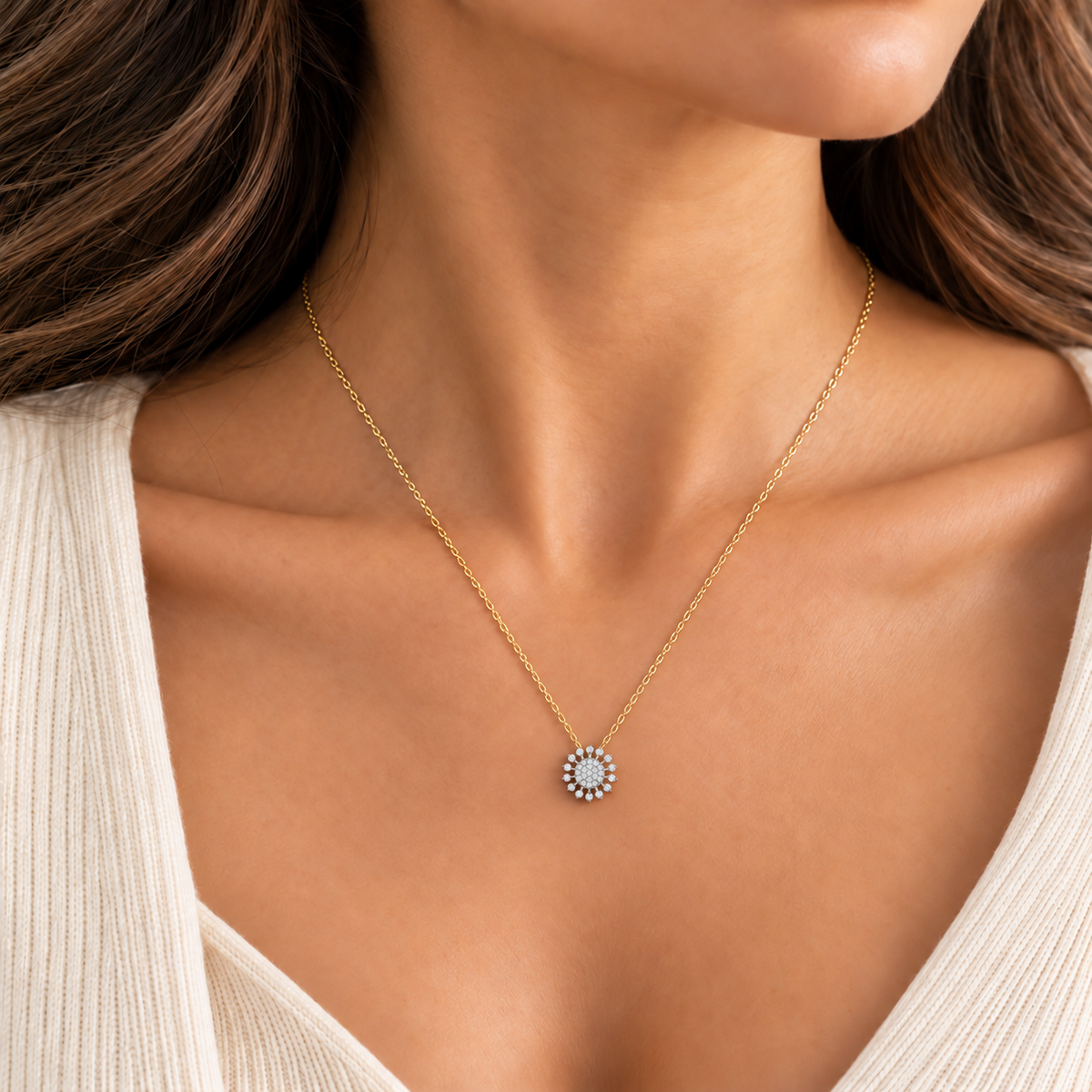 Teardrop Ray Diamond Halo Pendant - worn view 2