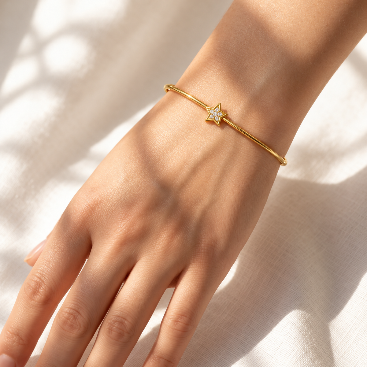 Star Motif Diamond Gold Bangle - worn view 2