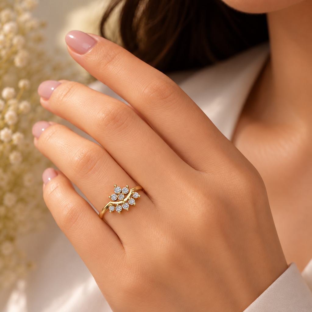 Crown Fan Diamond Ring - worn view 2