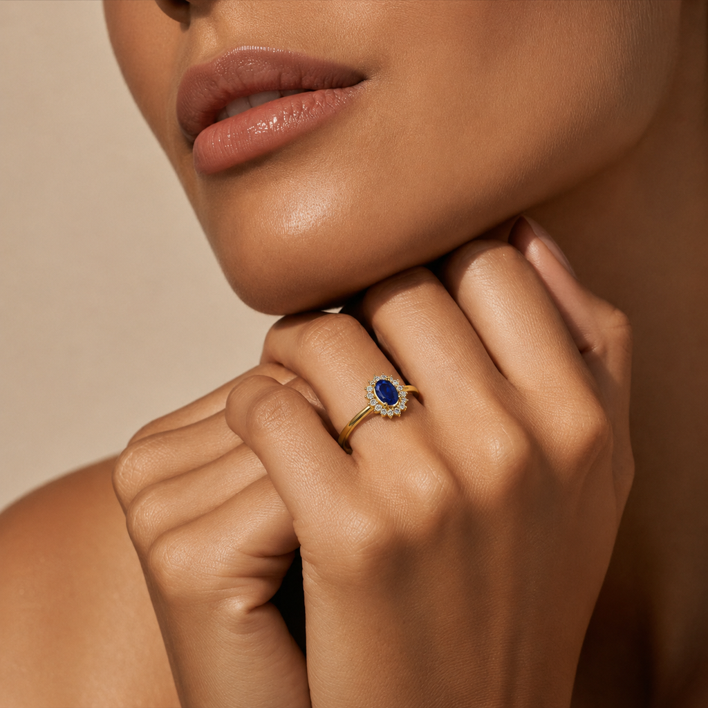 Royal Blue Oval Halo Ring - view 3