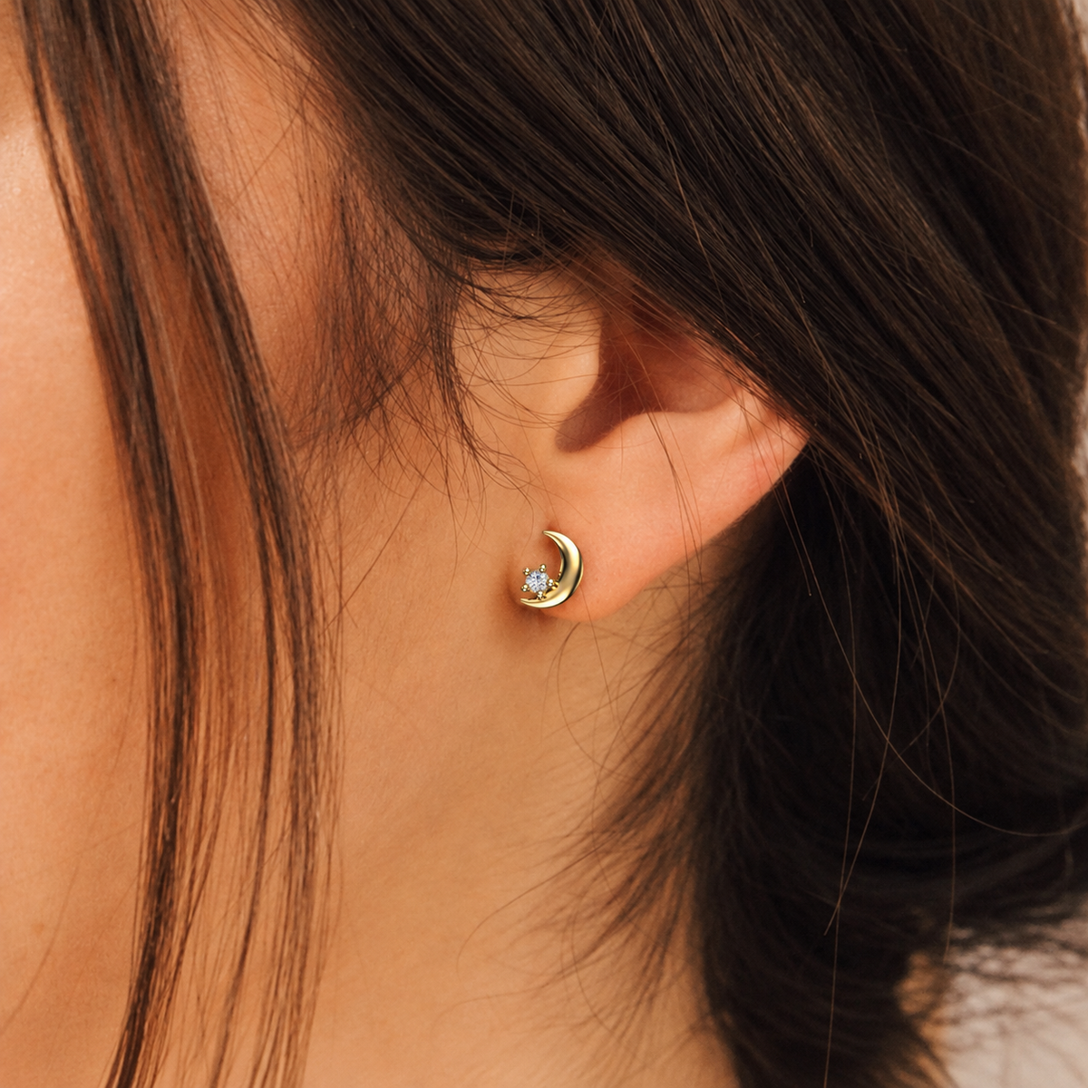 Gold Crescent Moon Solitaire Diamond Studs