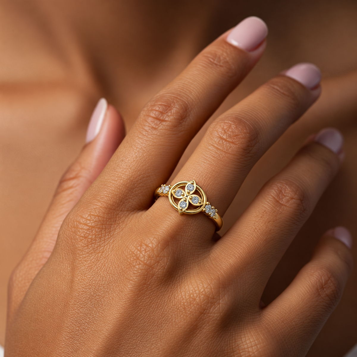 Four-Petal Halo Diamond Ring - worn view 2