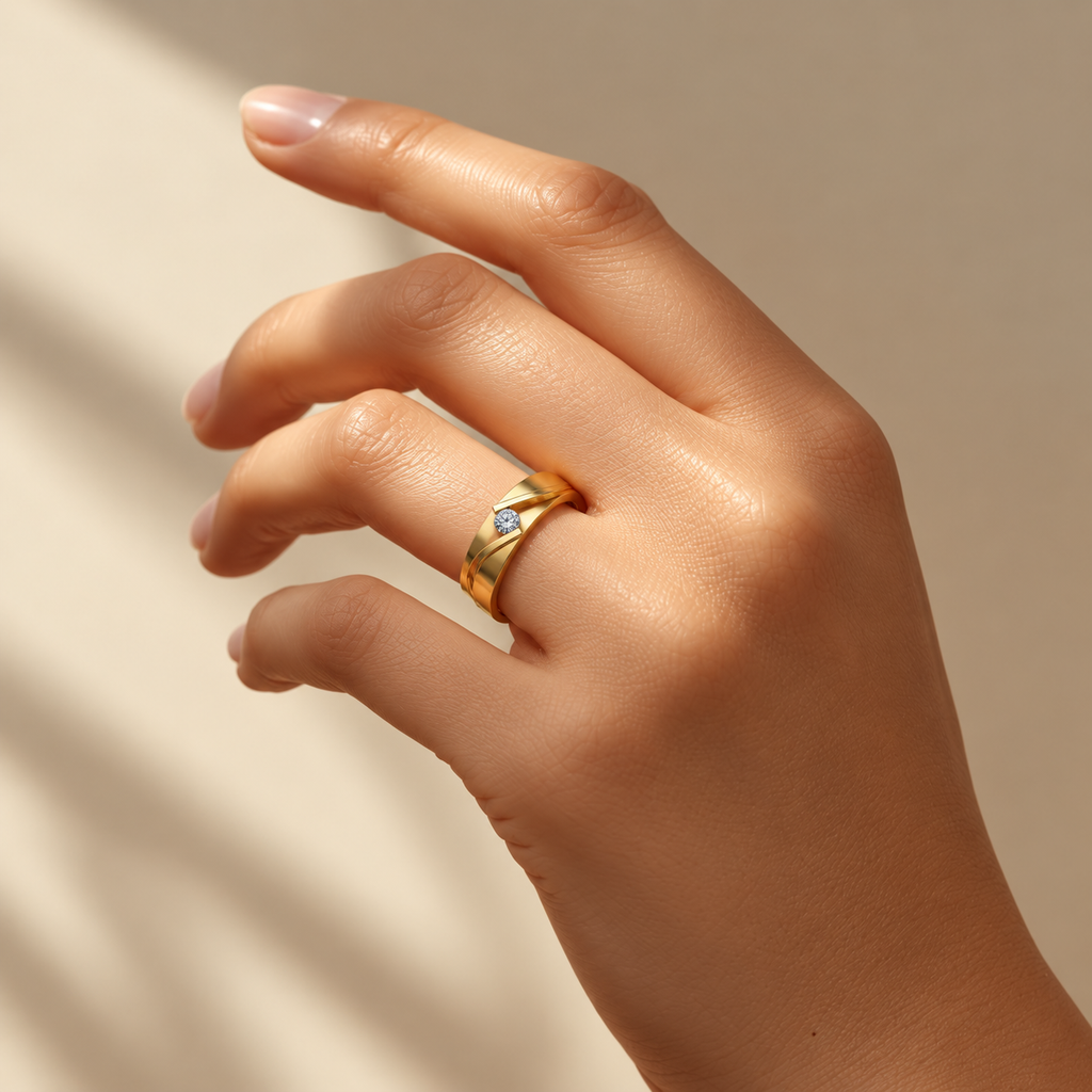 Modern Wave Solitaire Gold Band - worn view 2