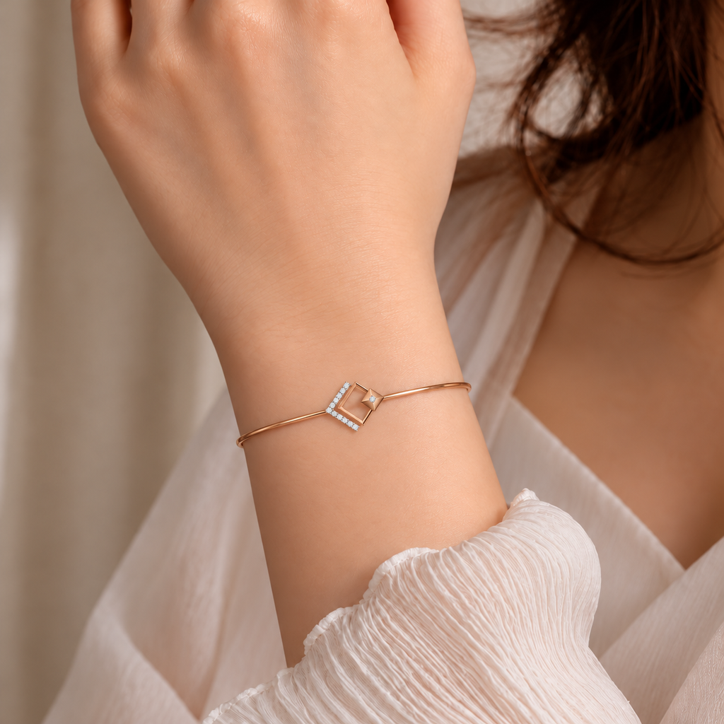 Rose Gold Square Orbit Diamond Bangle - worn view 2