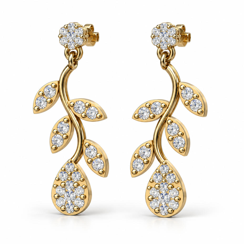 Diamond Botanical Leaf Branch Drop Earrings