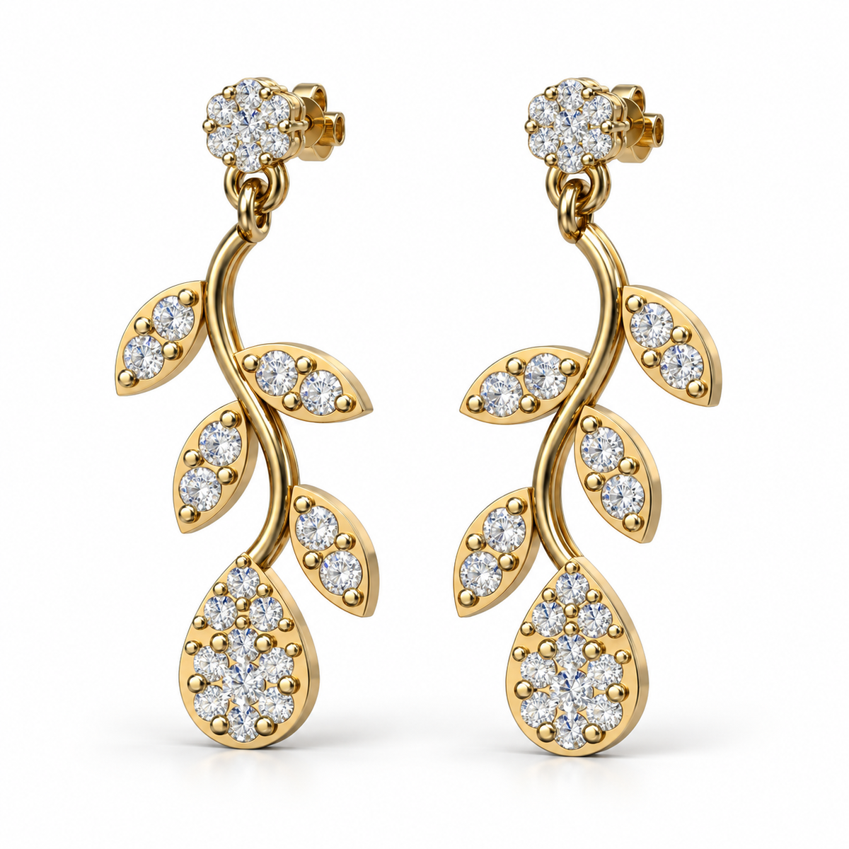 Diamond Botanical Leaf Branch Drop Earrings