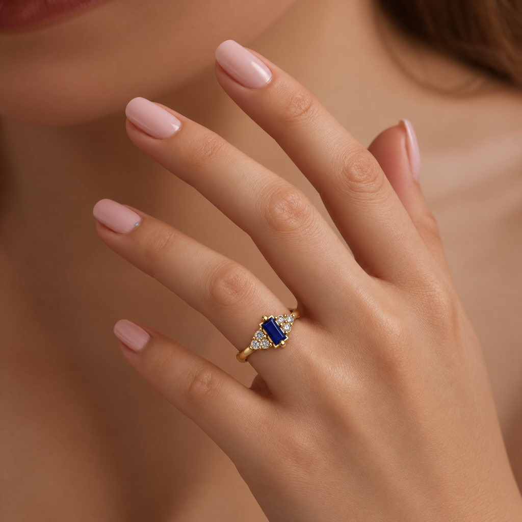Midnight Blue Baguette Stone Ring - worn view 1