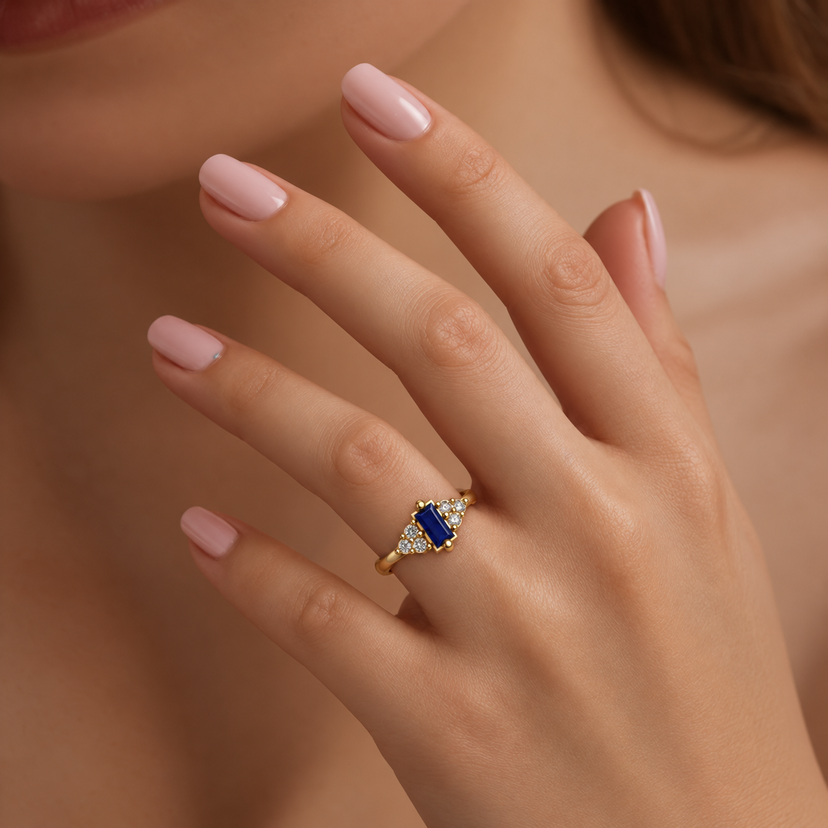 Midnight Blue Baguette Stone Ring - worn view 1