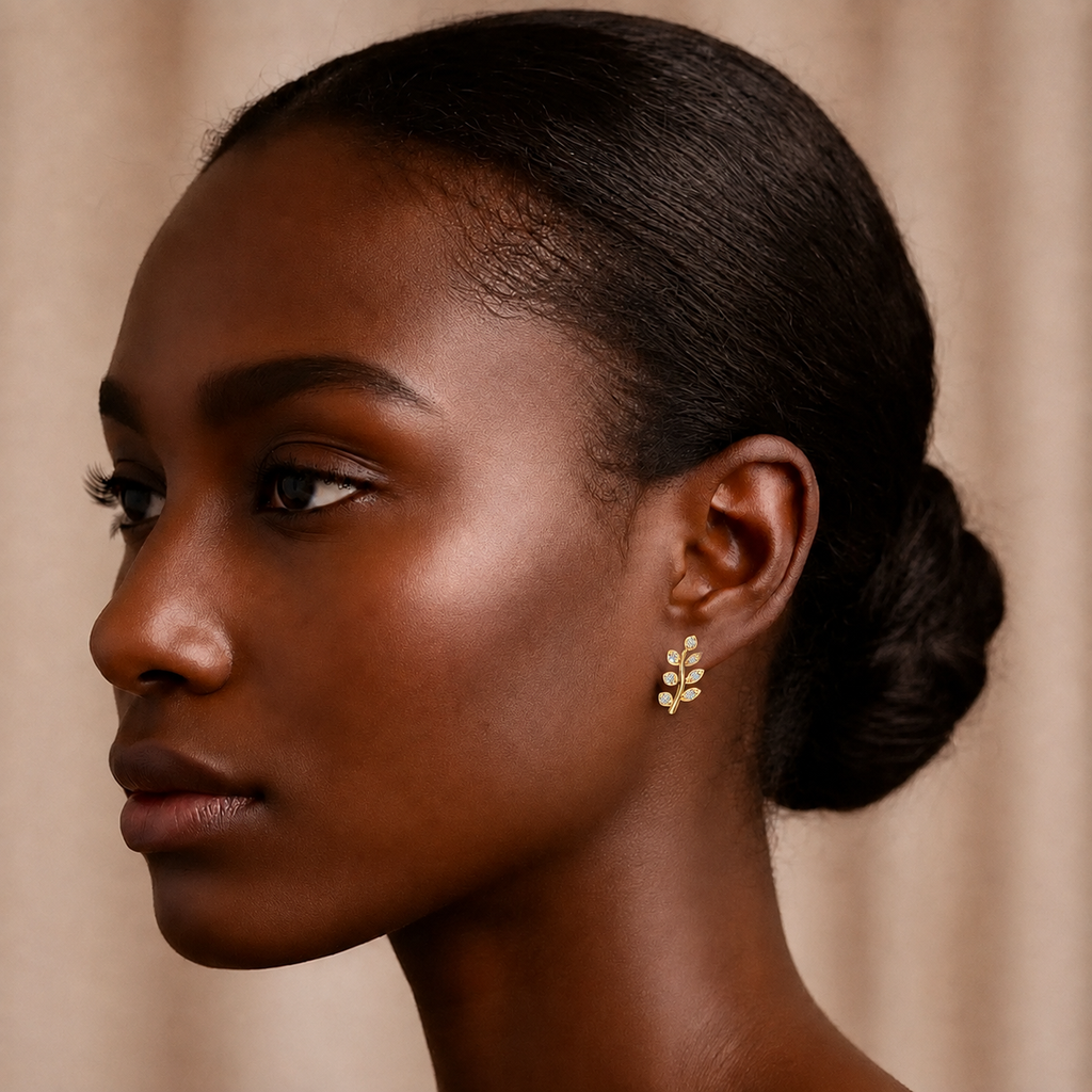 Diamond Leaf Branch Ear Climber worn on ear