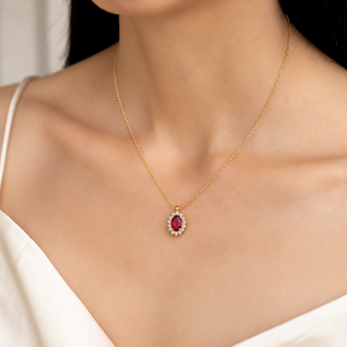 Crimson Oval Diamond Halo Pendant - worn view 2