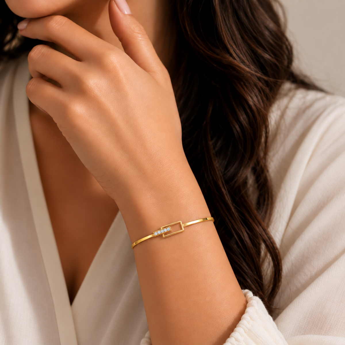 Offset Rectangle Diamond Gold Bangle - worn view 2