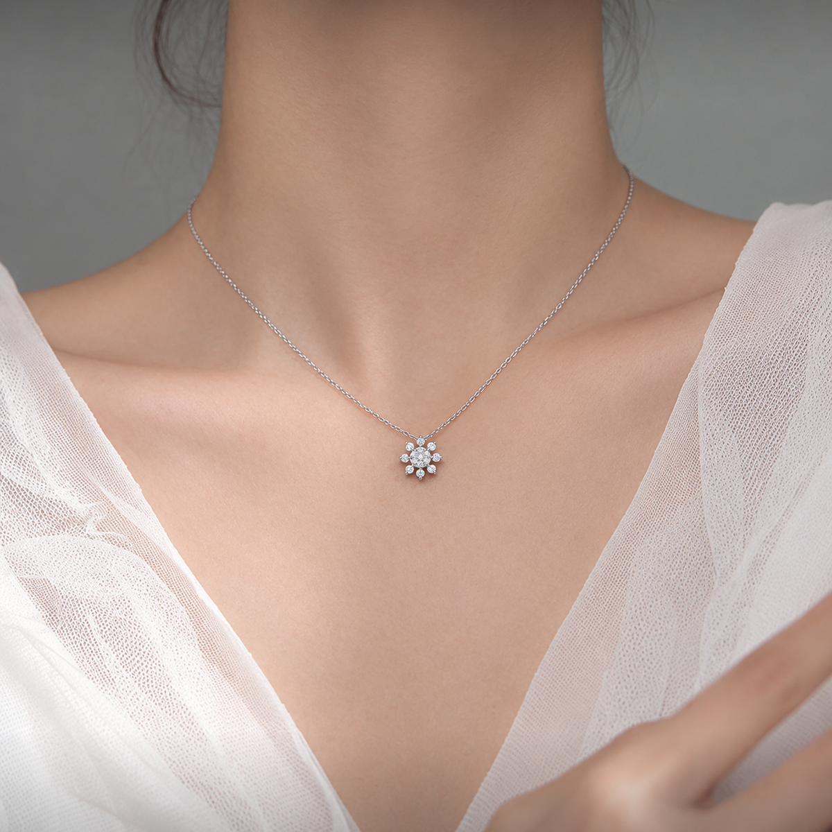 Radiant Sunburst Diamond Pendant - worn view 2