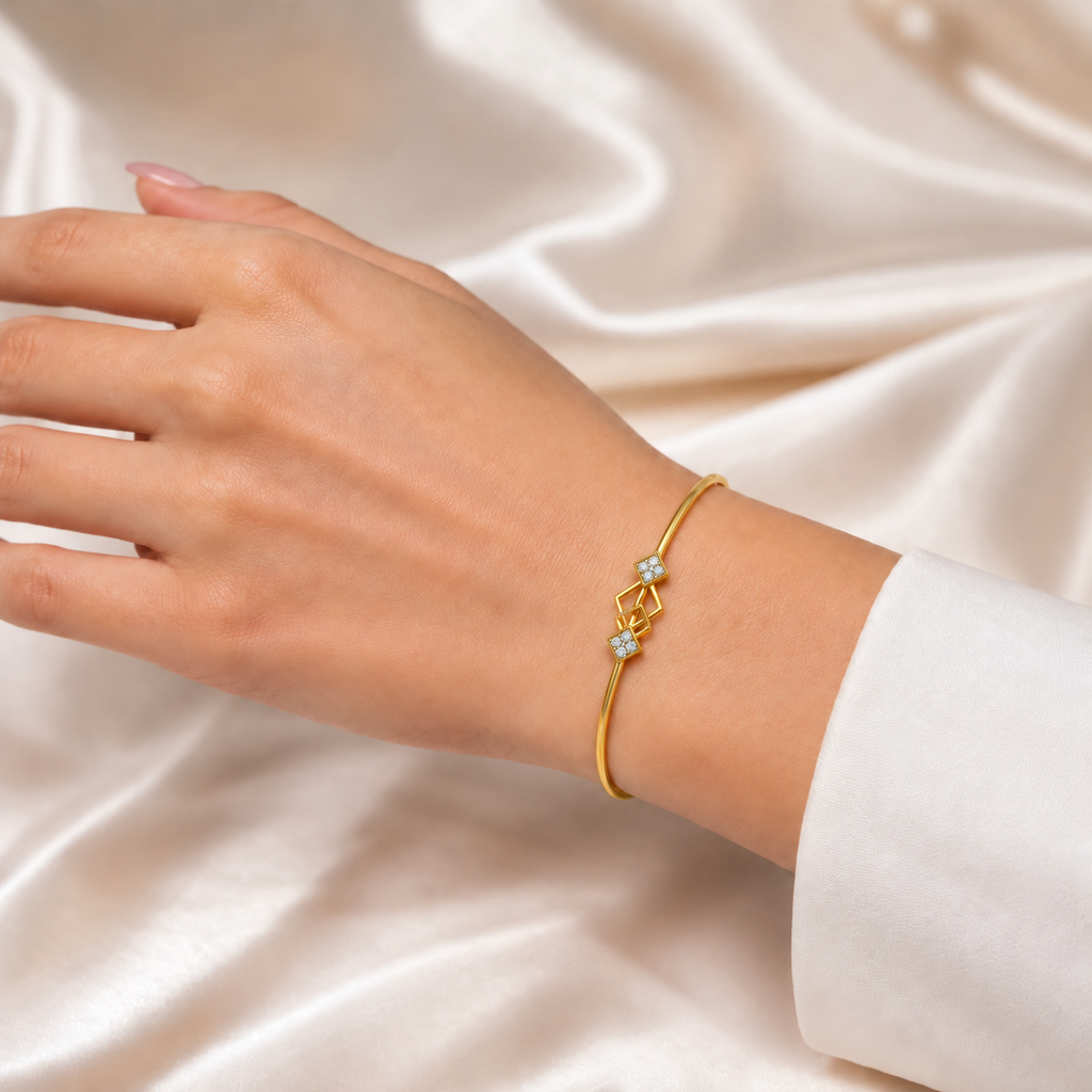 Interlocking Kite Diamond Gold Bangle - worn view 2
