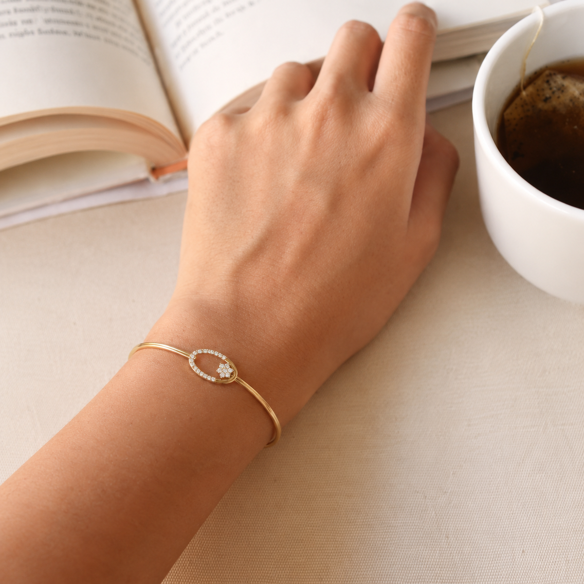 Floral Oval Diamond Gold Bangle - worn view 2