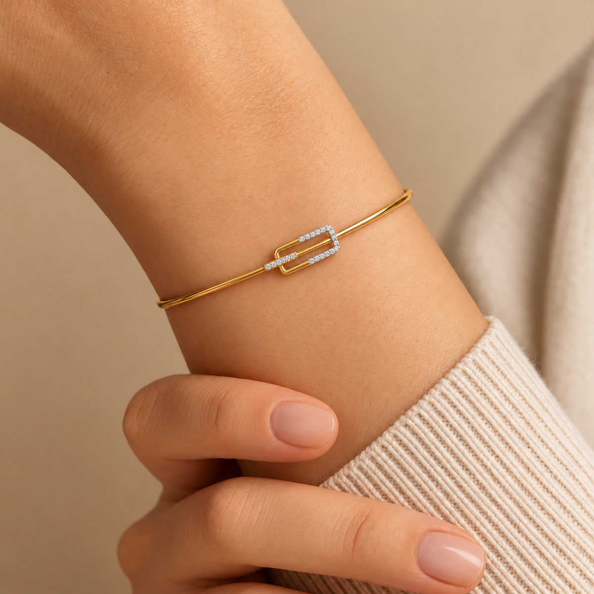 Geometric Buckle Diamond Gold Bangle - worn view 2