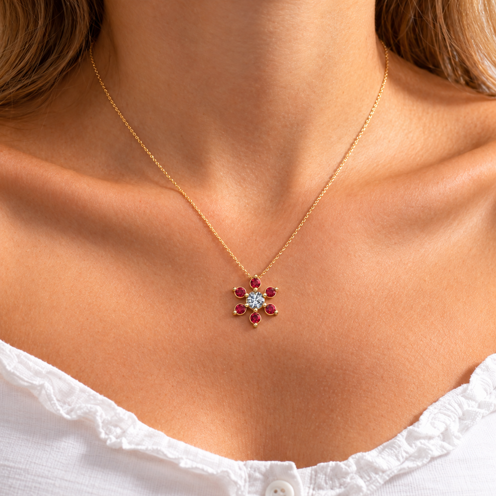 Crimson Petal Diamond Flower Pendant - worn view 2