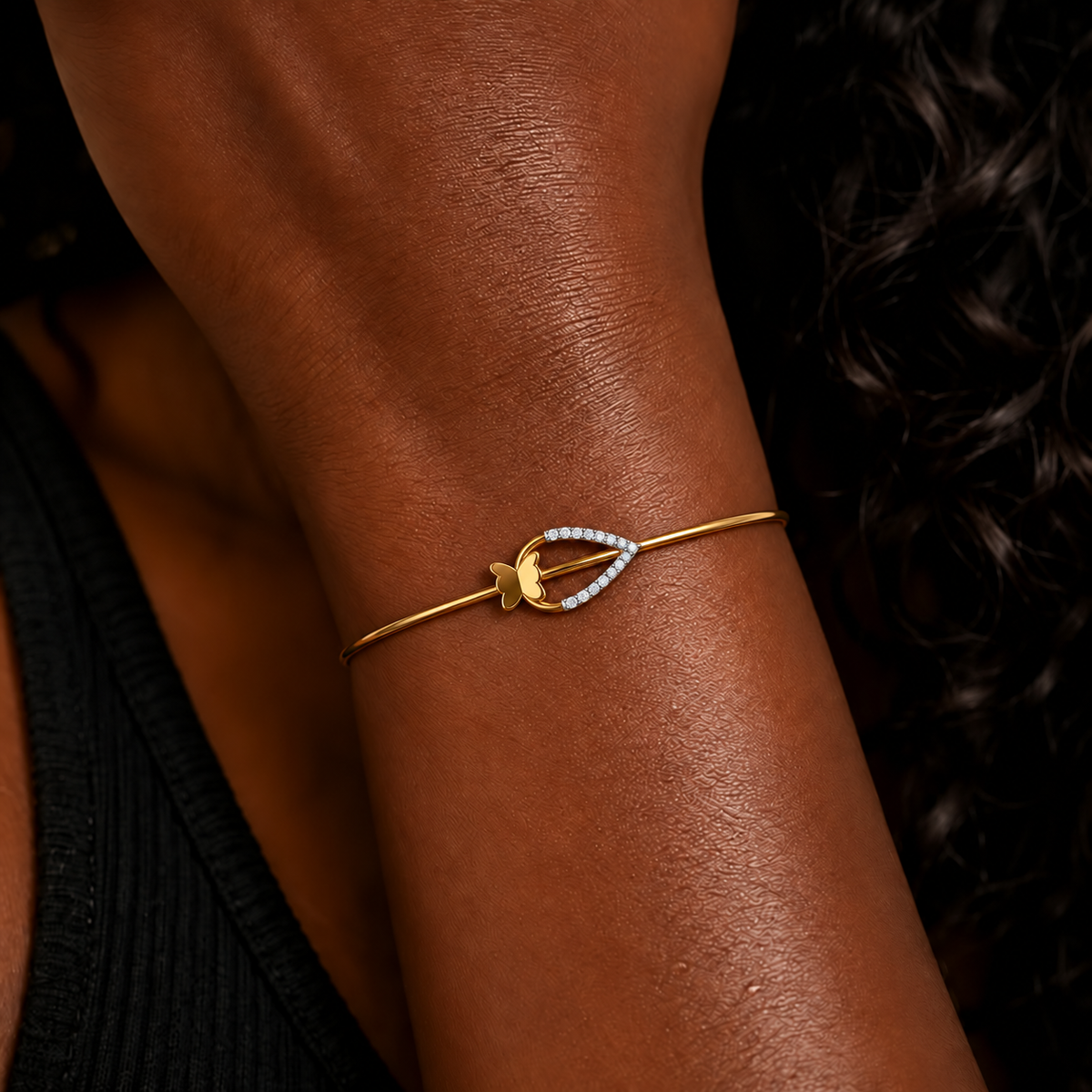 Butterfly Teardrop Diamond Gold Bangle - worn view 2