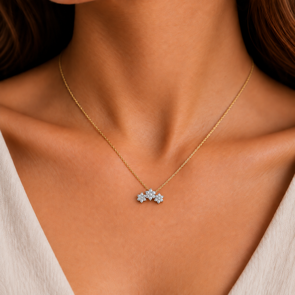 Triple Floral Cluster Diamond Pendant - worn view 2