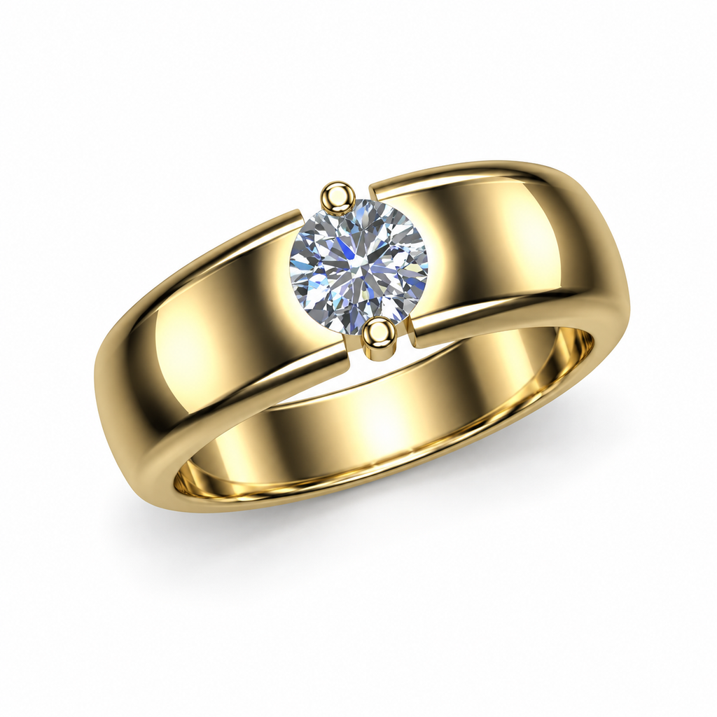 Round Solitaire Wide Gold Band - angled product view