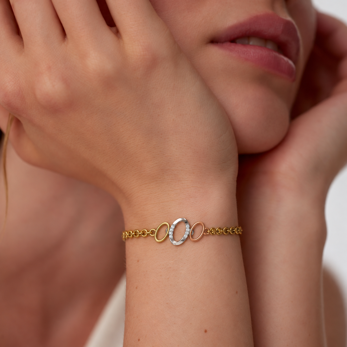 Tri-Tone Oval Link Diamond Bracelet - worn view 2