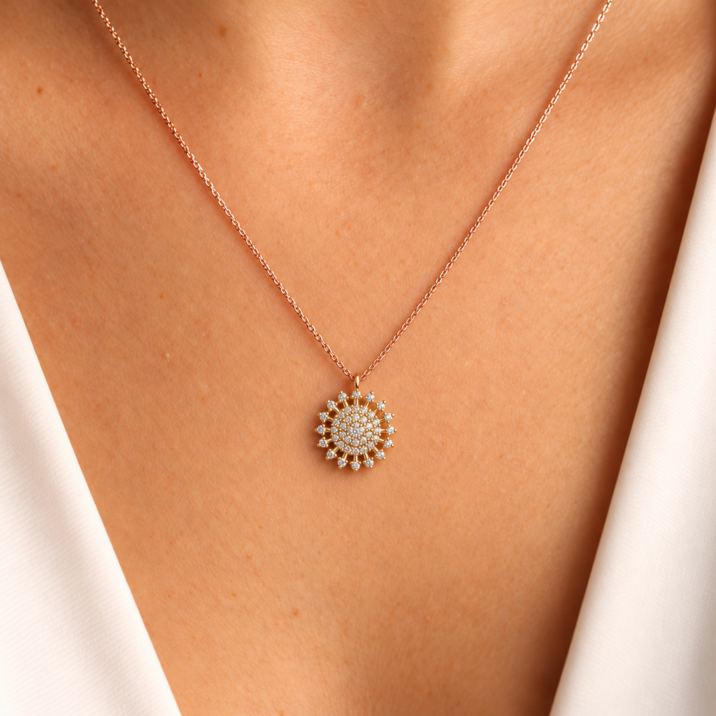 Rose Gold Sunray Pave Diamond Pendant - worn view 1
