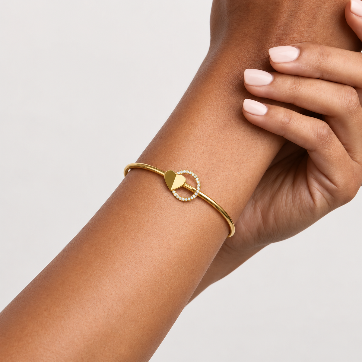 Heart Orbit Diamond Gold Bangle - worn view 2