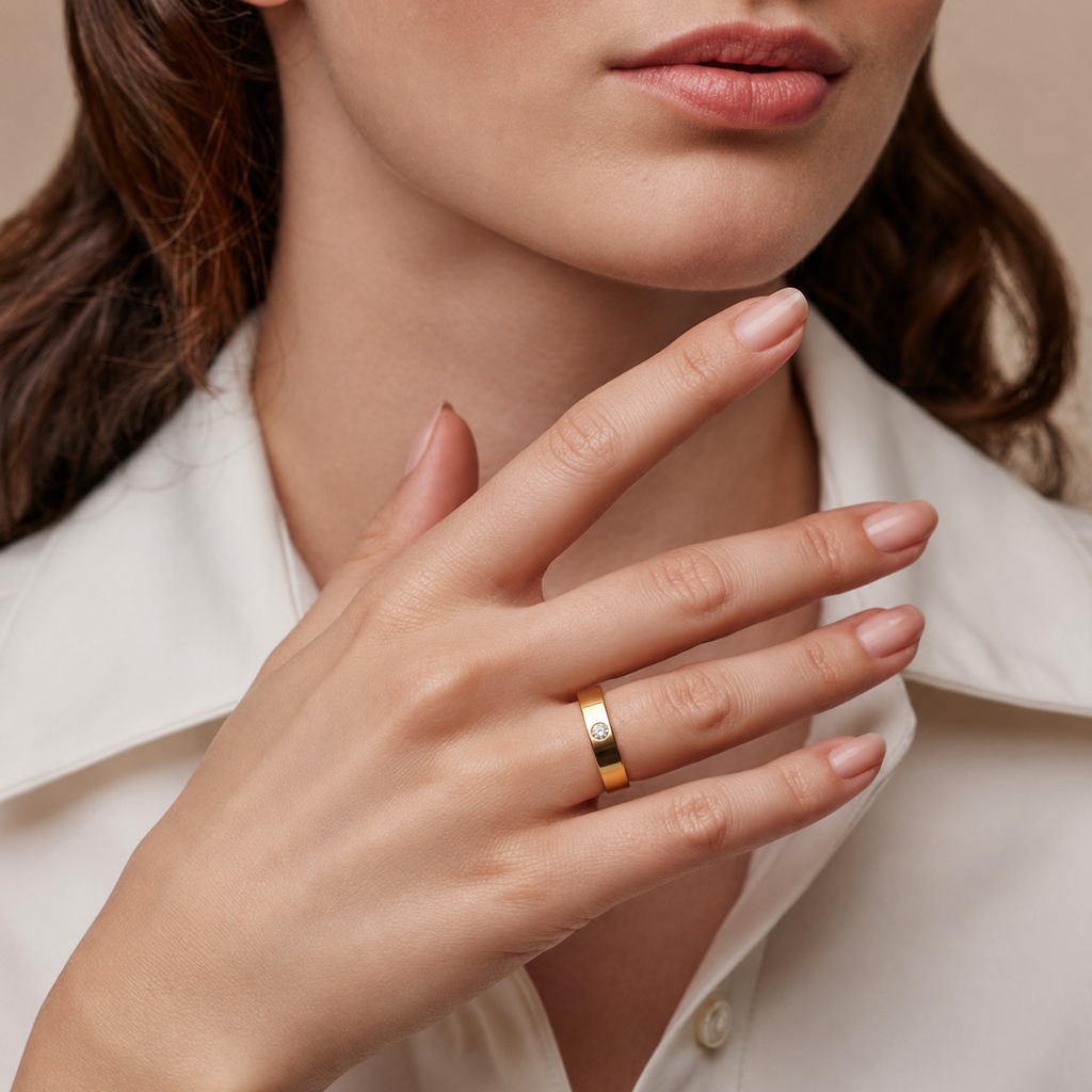 Single Diamond Wide Gold Band - view 3