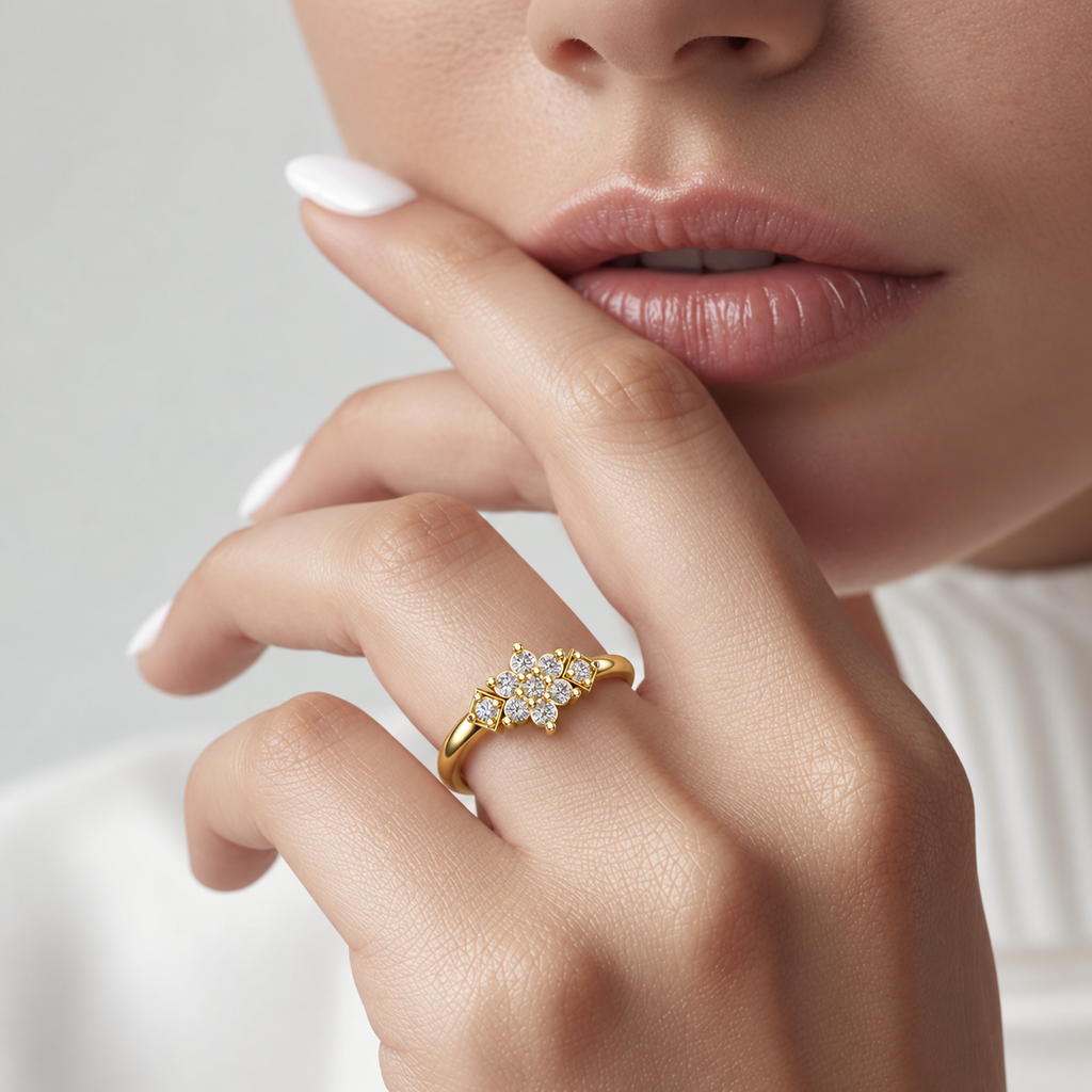 Geometric Floral Diamond Ring - worn view 2