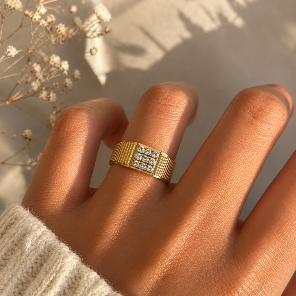 Ribbed Nine-Stone Diamond Signet Ring - worn view 1