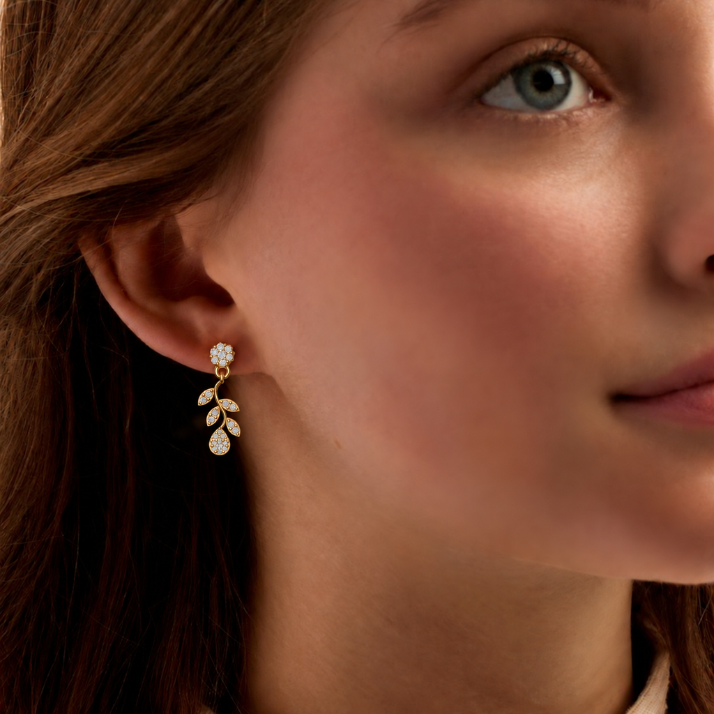 Diamond Botanical Leaf Branch Drop Earrings